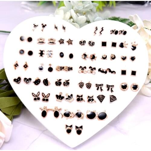 36 Pairs Anti Allergy Star Heart Earrings Girl Child Mix Style Black Rhinestone Geometric Plastic Stud Earrings Jewelry Party