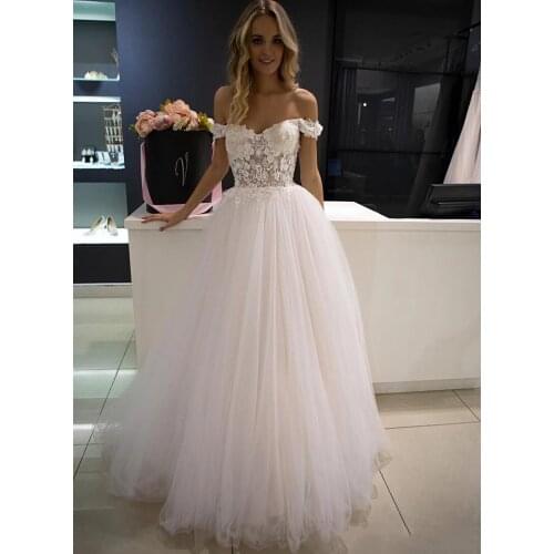 Chic 3D Flowers A Line Wedding Dresses Off The Shoulder Sweetheart Tulle Bridal Wedding Gowns Appliques Backless Bride Dress