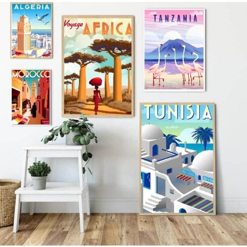 Modern Anime Style Tanzania Tunisia Travel Landscape Modular Poster Canvas Painting HD Prints Picture for Living Room Decoration