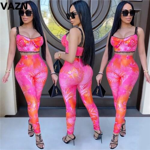 VAZN New 2020 Casual Sexy O-neck Two Piece Set Tie Dye 2 Piece Set Women Sleeveless Full Pant Autumn Sets