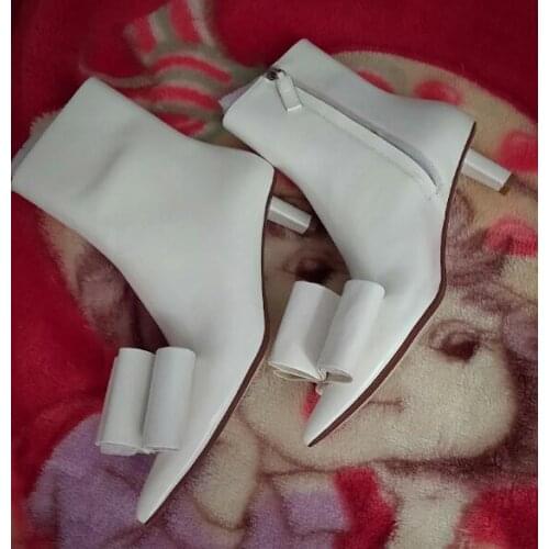 Woman Sweet White Genuine Leather Big Bow Ties Butterfly Knot Low Stiletto Heels Zipper Ankle Short Boots Party Wedding Shoes