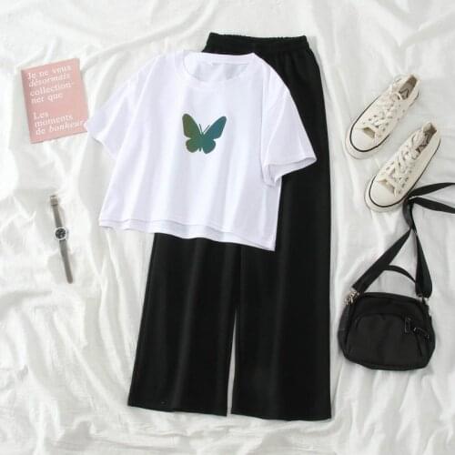 Women Sets Printed Simple Tee Elastic Waist Wide-leg Trousers Leisure Lovely Girl Loose Fashion Korean Style Comfortable Ulzzang