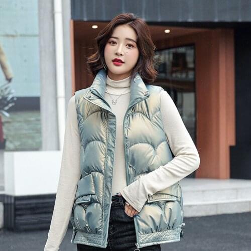 Glossy Womens Winter Vest Stand Collar Pockets Zipper Solid Ladies Sleeveless Jacket Thick Puffer Vests for Female