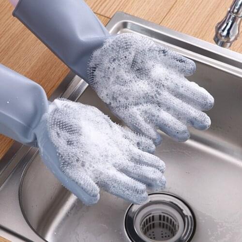 1Pair Multifunctional Magic Silicone Dishwashing Gloves Sponge Household Latex Glove Brush Convenient For Kitchen Cleaning Tools