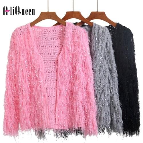 2019 Autumn Women Lambs Tassels Knitted Sequins Sweater Jacket Hook Flowers Cardigan Handmade Fringed Velvet Fluffy Coat Outwear
