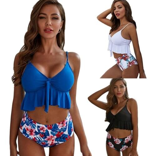 Women Padded Ruffled Hem Bra High Waist Floral Print Briefs Bikini Swimsuit perfect gifts for women on birthday