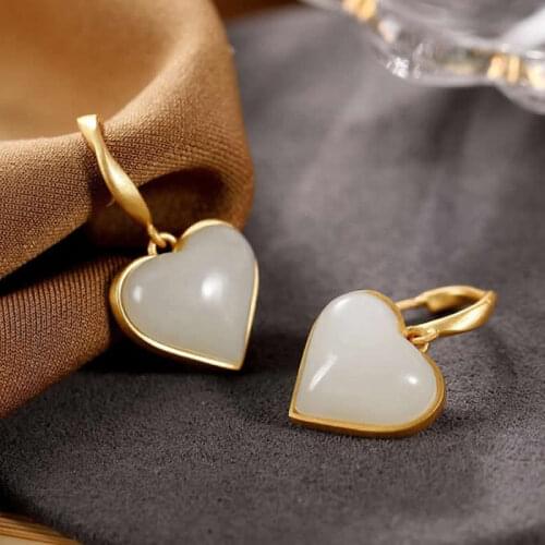 Pure S925 Silver Earrings Women White Jadeite Heart Dangle Earrings High Quality Earrings