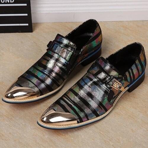 Christia Bella Golden Pointed Toe Man Colour Stripes Shoes Genuine Leather Male Buckle Strap Shoes Fashion Men Party Prom Shoes