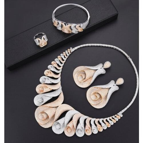 LARRAURI Super Flower Cubic Zirconia Necklace Ring Bangle Earring Luxury Women Nigerian Wedding Naija Bride Dubai Jewelry Sets
