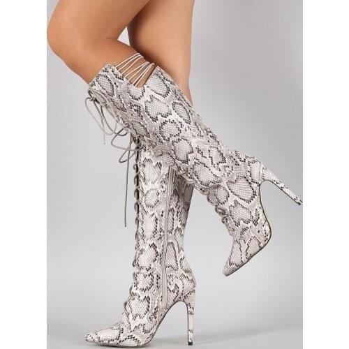 Hot Selling Snake Print Leather Lace-up Knee High Boots Womens Pointed Toe Snakeskin Knee High Boots Zipper Winter Long Boots