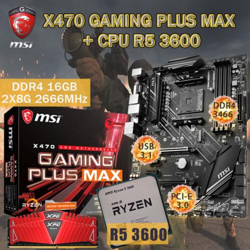 AM4 MSI X470 GAMING PLUS MAX Motherboard + CPU AMD Ryzen 5 3600 + RAM DDR4 16Gb 2666MHz Set M.2 PCI-E 3.0 Placa-mãe Desktop X470