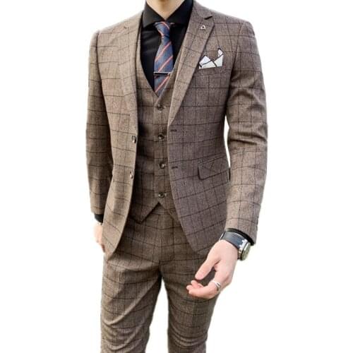 British Style Slim Fit Suit Trousers Waistcoat Mens Business Plaid Blazers Fashion Groomsman Dress Jacket Pants Vest 3 Pcs Set