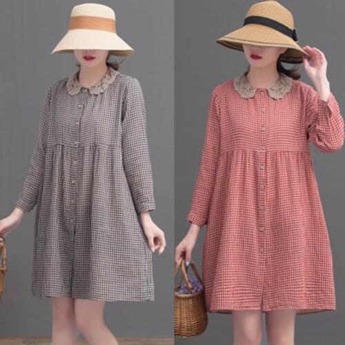 2021 New Summer Sweet Lace lapel Cotton Linen Plaid Dress long Sleeve Embroidered Lace Dress