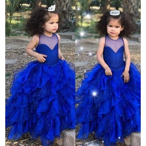 New Royal Blue Flower Girl Dresses Sheer Neck Tiers Ball Gown Little Girl Wedding Dresses Vintage Communion Pageant Dresses