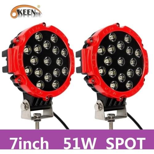 OKEEN 7" Car LED Offroad Pod Lights Bar 51W LED Work Light Red Round Driving Lamp Headlight Fog Light for ATV SUV Offroader Jeep