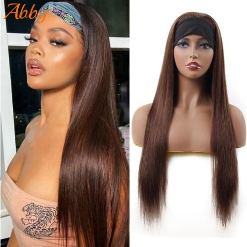 #2 Straight Headband Wigs For Women 99J/Brown Color Straight Glueless Scarf Human Hair Wigs 180% Density Mongolian Straight Wigs