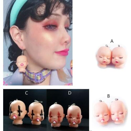 Handmade Funny Broken Evil Sleepy Doll Pendant Dangle Earrings Baby Dolls Head Toy Drop Earrings Women Fashion Jewelry