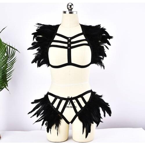 Black Feathers Shoulder Harness Gothic Feather Cage Body Bra Harness Crop Top Wings Harness Set Feathers Bottom Panties Briefs