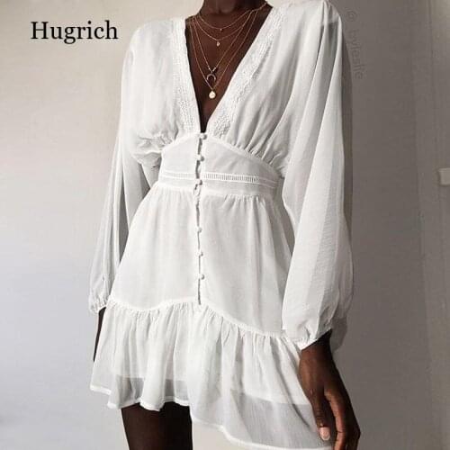 Sexy Plunge V Neck Womens Summer Dress White Lace Long Sleeve Mini Wedding Party Dress Ruffle Elegant Clothes 2021