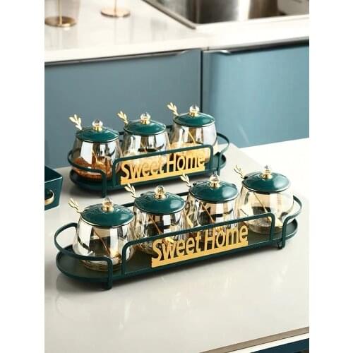 Nordic Seasoning Jar With Spoons Stainless Steel Tray Salt Spicy Jar Hight Borosilicate Glass Ceramic Lid Light Luxury