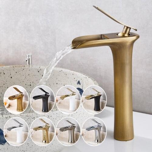 Bathroom Basin Sink Waterfall Faucets Hot and Cold water Tap Deck Mounted Water Mixer Crane Antique Bronze Chrome Finished