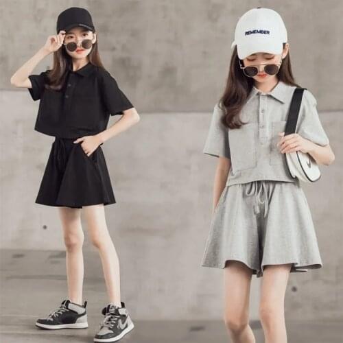 Girls' sports suit summer 2021 new big childrens pure cotton black childrens casual short-sleeved wide-leg shorts two-piece