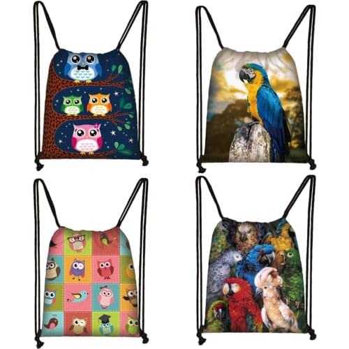 Cute bird owl / parrot print drawstring bag women fashion storage bag teenager travel bags canvas backpack kids bookbag