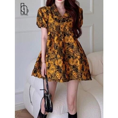 Summer Vintage Floral Dress Women Puff Sleeve Chic Print Sweet Party Mini Dress Female Loose Casual Korean Retro Boho Dress 2021