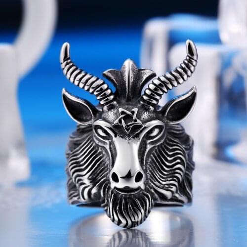 Vintage Goat head ring Stainless Steel Unique Biker Punk Animal Jewelry for man