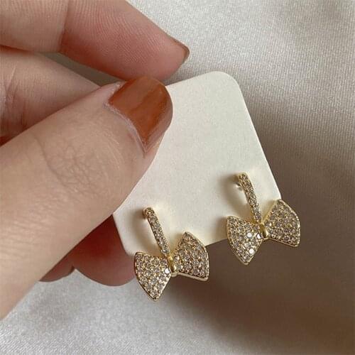YAOLOGE 2021 For Women Full Rhinestone Gold Color Bowknot Stud Earrings Accessories Fashion Party Wedding Jewelry Gift Brincos