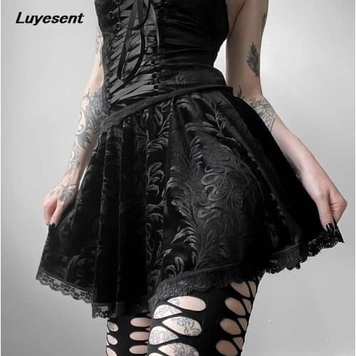 Black Gothic Lady Velvet Mini Skirt Summer Women High Waist Dark Goth Floral Sexy Midi Skirts Pleated Rock Harajuku Streetwear