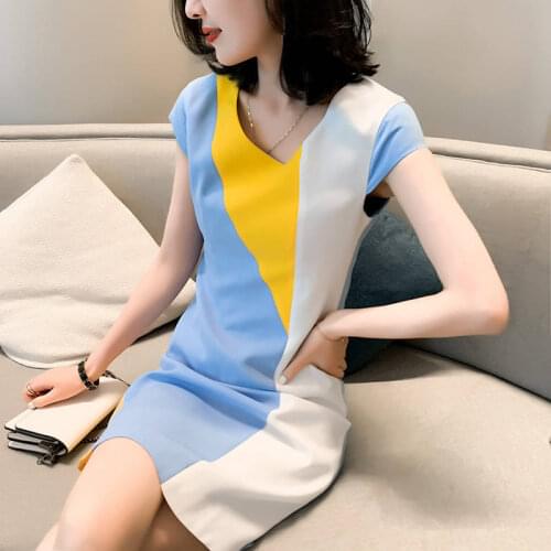 2021 New Womens Summer Color Contrast Straight Skirt, Fresh Foreign Style Dress, Blue Temperament V-neck Skirt