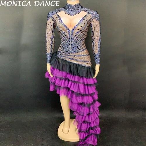 Women Sexy Stage Black Sequin Rhinestone Mesh Bottom Dress Women Dancer Singer Prom Show Outfit Birthday Celebrate Dress