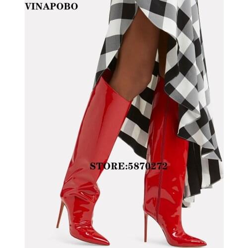 Vinapobo Runway Stilettos Candy Color Mirror Leather Metallic Over The Knee Women Long Boots High Heels Knee High Boots Woman