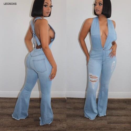 Womens Jeans With Ripped Holes And Thin Suspenders Trousers Fashion Deep V Sexy Light Color Siamese Trousers