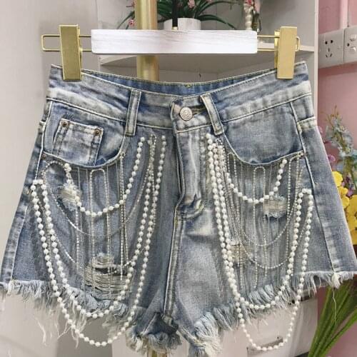 Women 2021 New Summer Rhinestone Pearls Tassels Beads High Waist Denim Shorts Female Casual Wide Leg Jeans Chic Wild Shorts