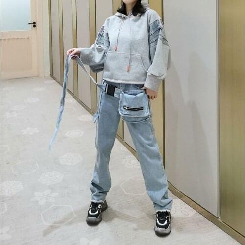 2020 Spring Punk Style Denim Pants For Women Straight Jeans with Belt and Waistbag Fashion Trousters Ladies