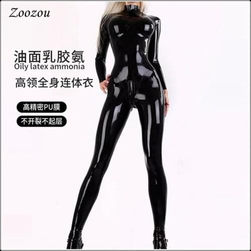 Sexy Latex PU Pantent Leather Exotic Jumpsuits Women Black Zentai Cat Suit Zip Open Crotch Wet Look Bodysuits Erotic Club Custom
