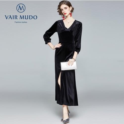 2021 New Banquet Temperament Ladies High Waist Slit Velvet Dress Long Dress Elegant Black Red Dress Autumn Winter Part Y-233