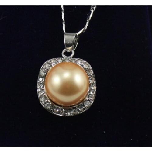 Womens fashion silver plated square micro inlaid white diamond + round yellow Shell Pearl Pendant Necklace