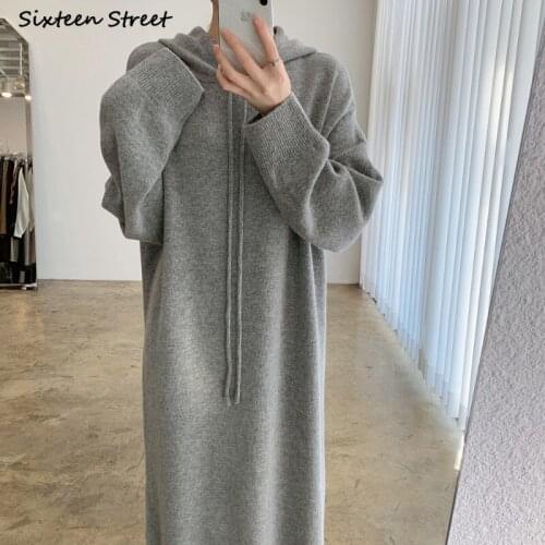 Oversized Gray Knitting Dress Woman New Autumn Full-sleeve Korean Knit Bodycon Dress Hooded Woman Fall Chic Knitwear