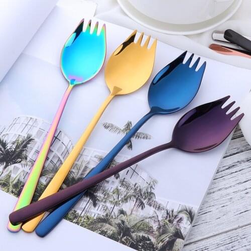 7 Colours Stainless Steel Dessert Spoons With Long Handle Rainbow Spoons Set for Dinner Multifunction Metal Salad Spoon Gold