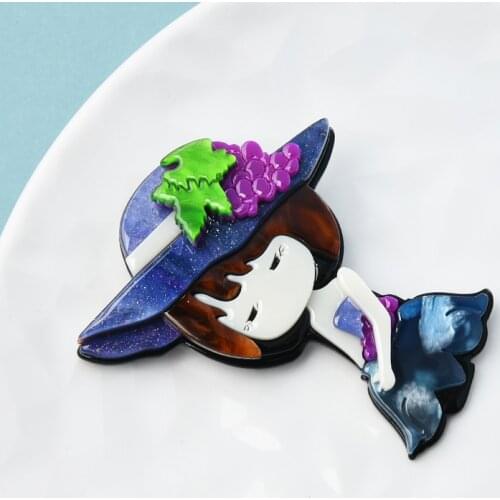 Wuli&baby Acrylic Wear Hat Girl Brooches For Women Designer Adorable Figure Lady Party Office Brooch Pin Gifts