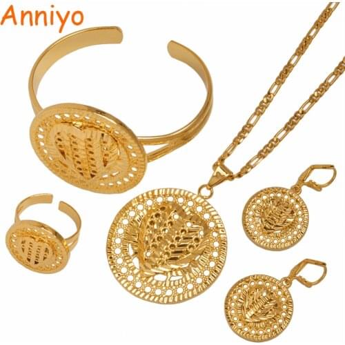 Anniyo Heart Dubai Jewelry sets Ethiopian Necklaces Earrings Ring Bangle Gold Color,Arab African Wedding Jewelry Sets #101706