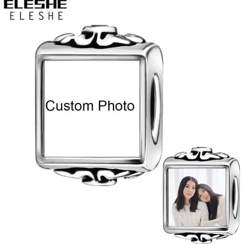 ELESHE Authentic 925 Sterling Silver With Cubic Zirconia Square Charm Custom Photo Bead For Women Fit Bracelet DIY Jewelry
