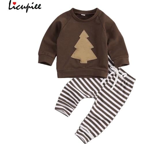 Newborn Infant Toddler Baby Boy Girl Christmas Clothing Long Sleeve Cotton Tree Printd Top Striped Long Pant 0-24 Months