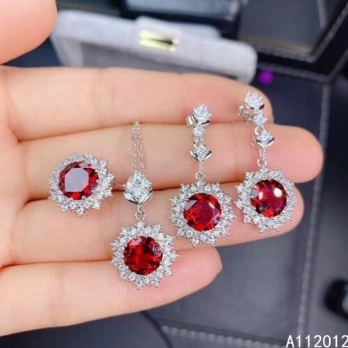 KJJEAXCMY fine jewelry natural garnet 925 sterling silver luxury girl new pendant ring earrings set support test with box