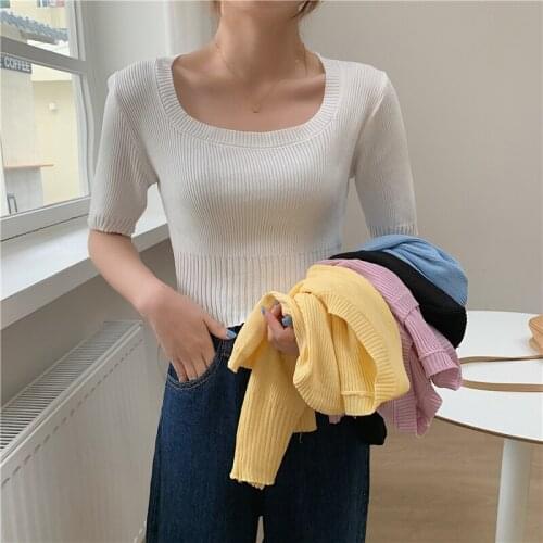 GGRIGHT 2021 Crop Tops Knitted T-shirt Women Summer Solid Short Sleeve Clothes Basic Tshirt Fashion Ladies Tops Tee Shirt Femme