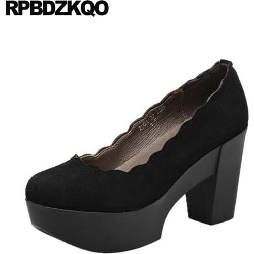 Round Toe Pumps Platform Shoes Women Suede Customized Genuine Leather Black Handmade 2021 High Heels Office Size 4 34 Block 33