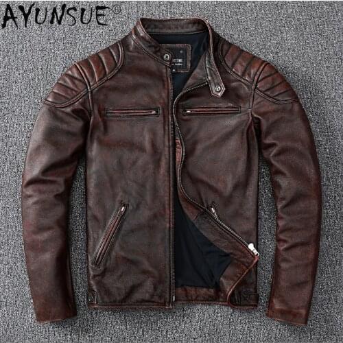 2021 Real Genuine Leather Jacket Men Stand Collar Vintage Cow Leather Coat Motorcycle Womens Clothing Chaquetas Hombre WPY3355